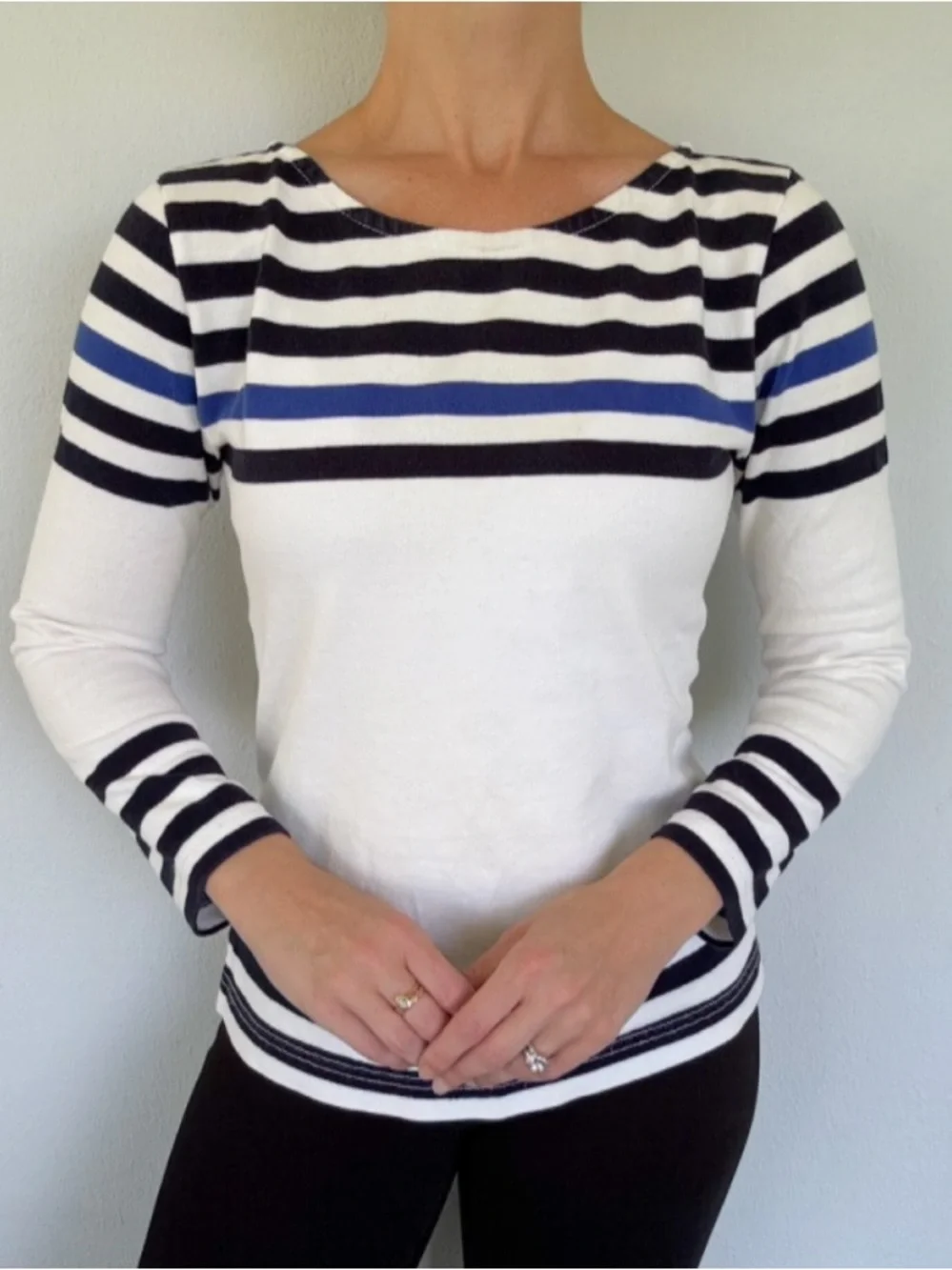 J. Crew white blue stripe cotton long sleeve sweater top size small